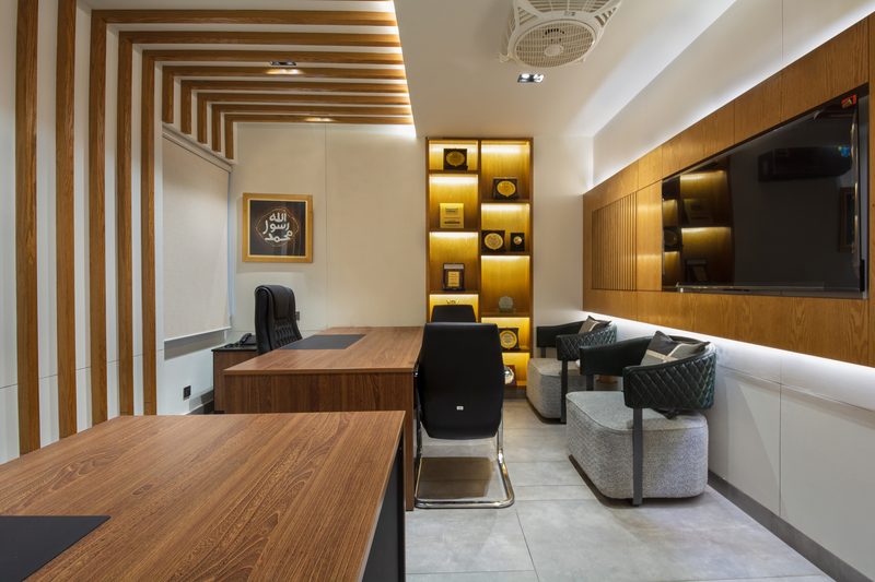 A director’s office at Microtel, with fitted timber joinery.